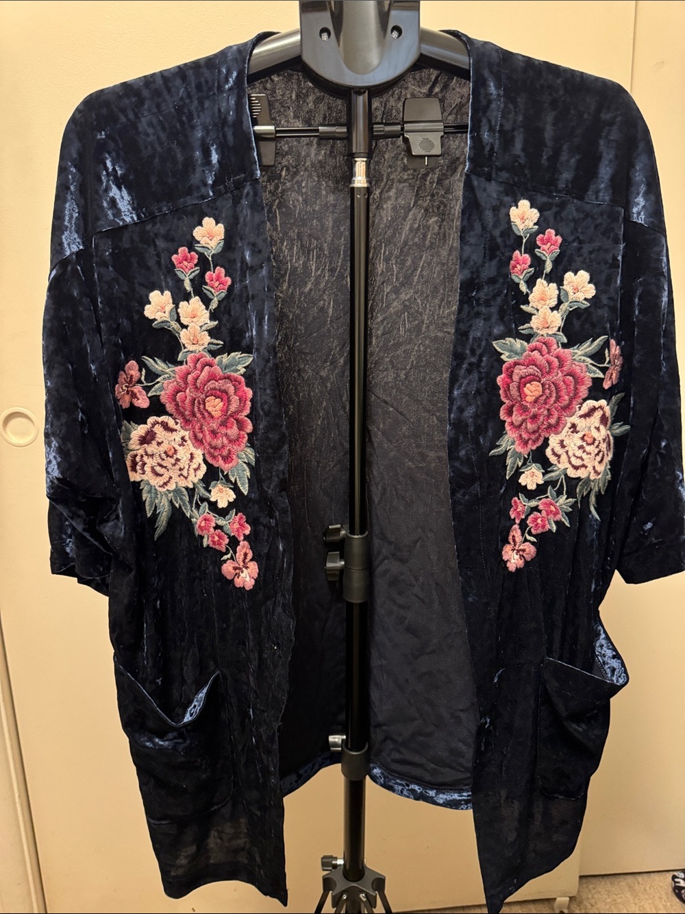 American Eagle Outfitters Navy Velvet Kimono Jacket with Pink Floral Embroidery